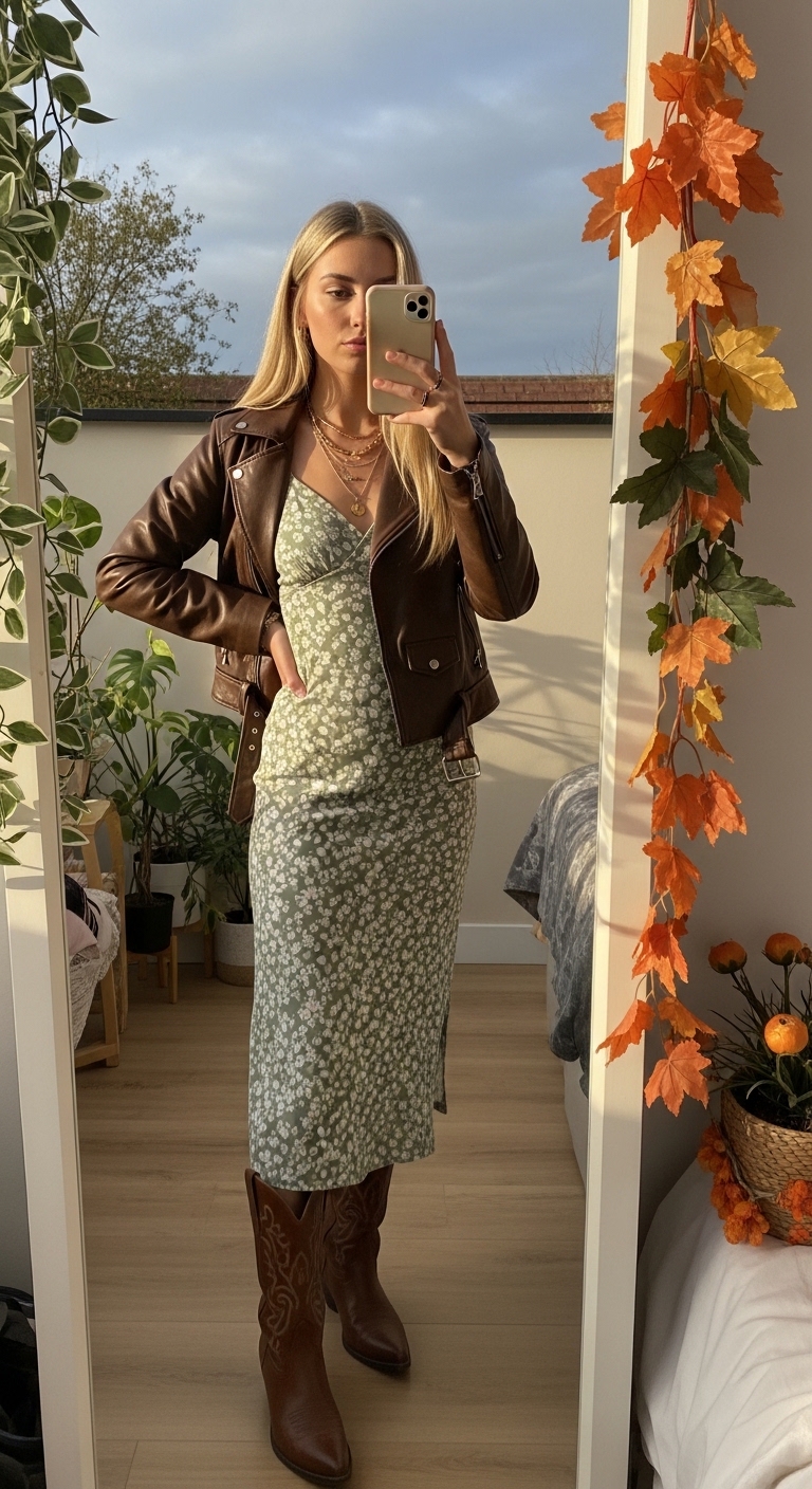 floral midi dress with brown leather jacket and cowboy boots
