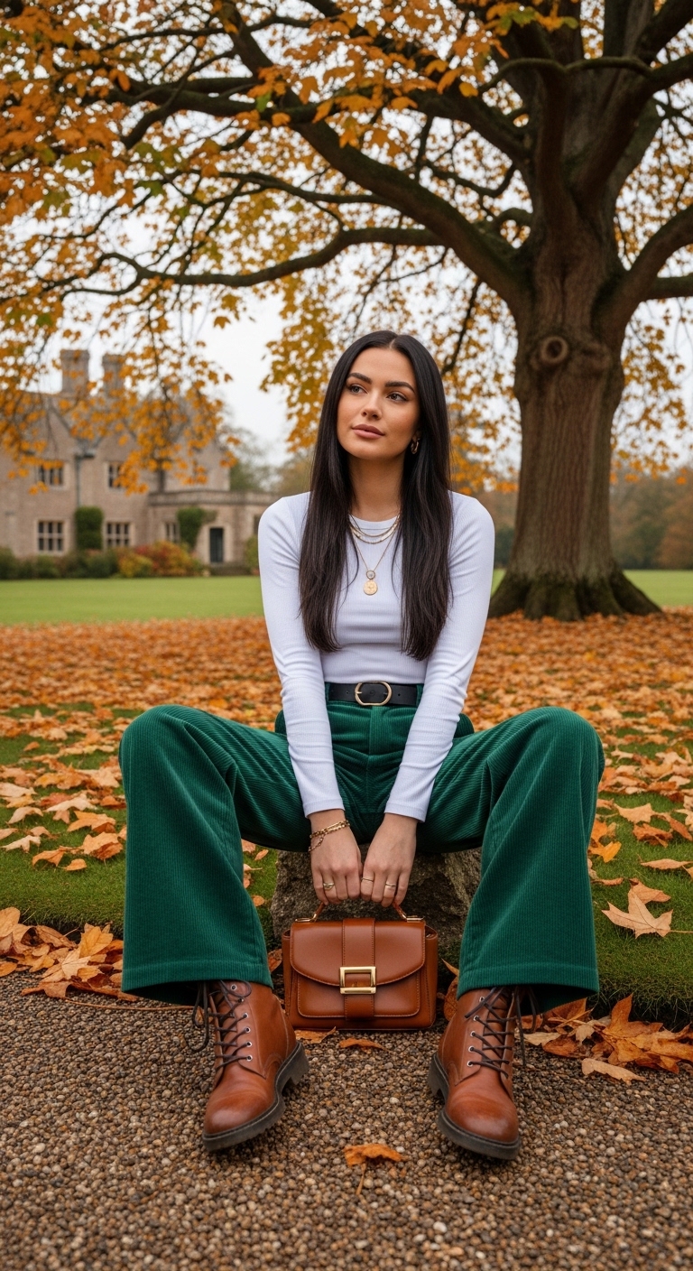 forest green corduroy trousers with white shirt and combat boots