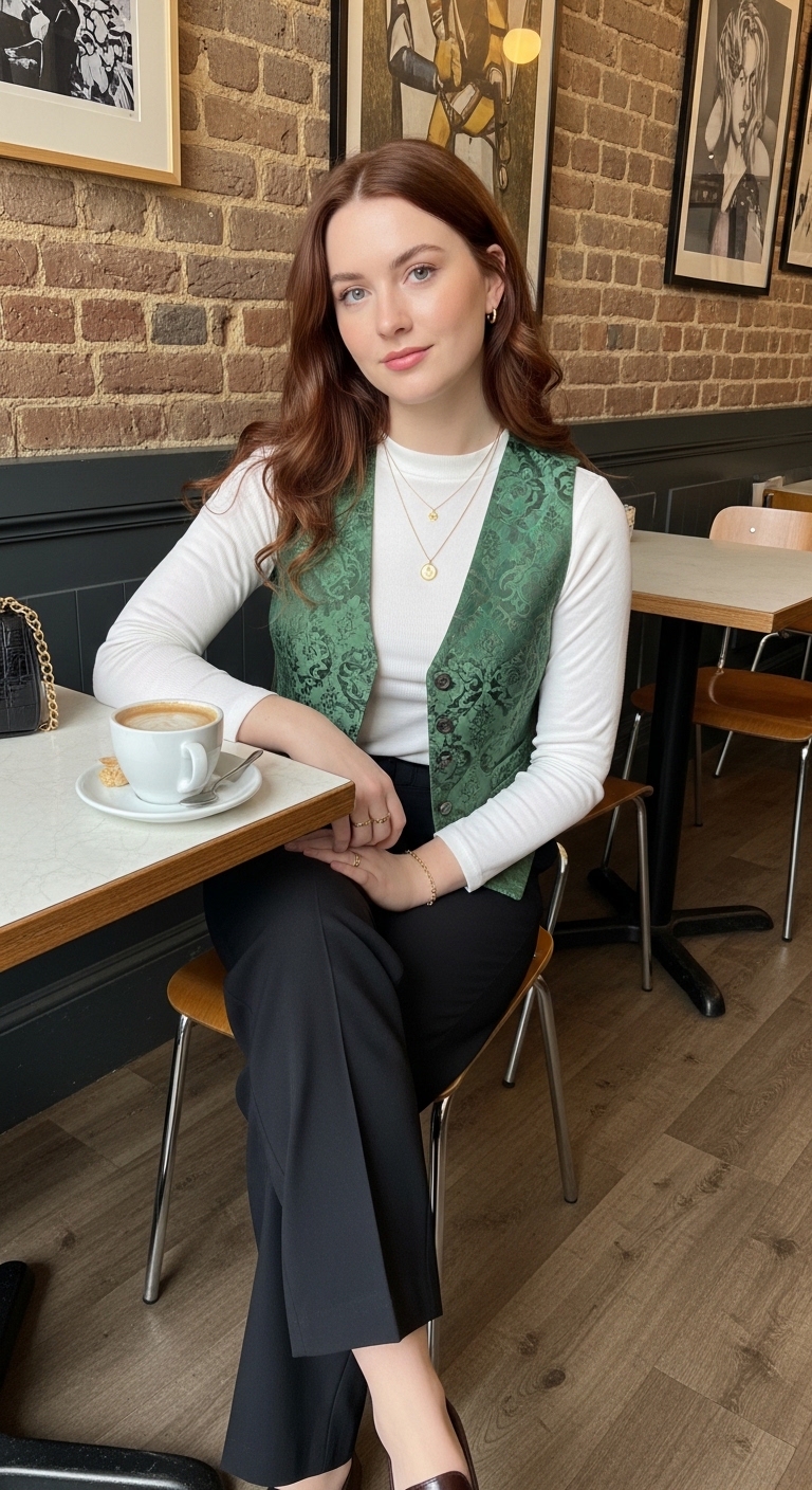 forest green jacquard waistcoat over white high neck top