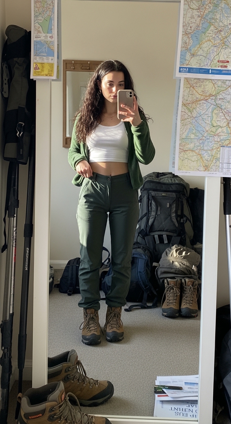 forest green trekking trousers with white base layer and green fleece