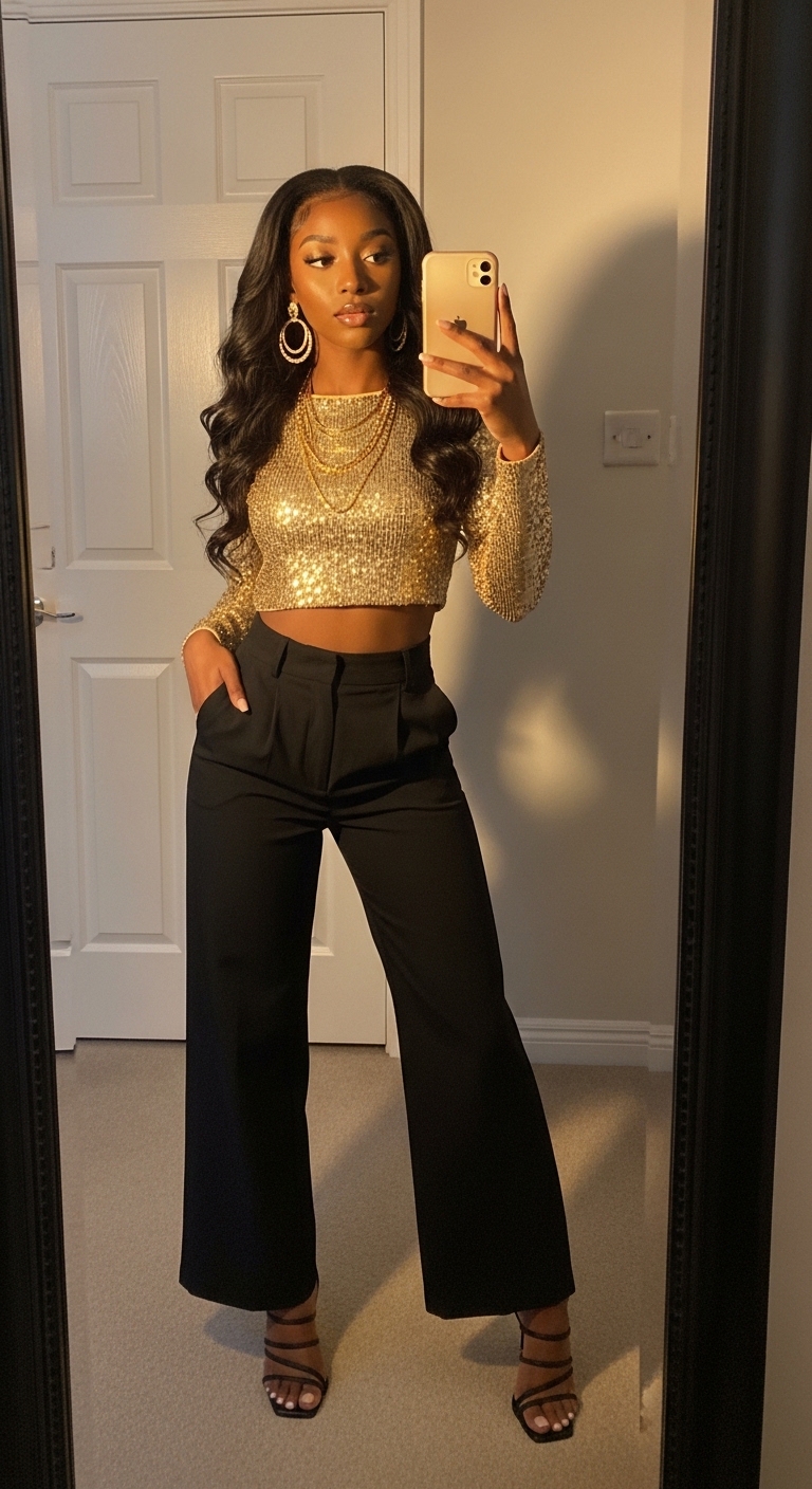 gold sequin crop top with black wide leg trousers
