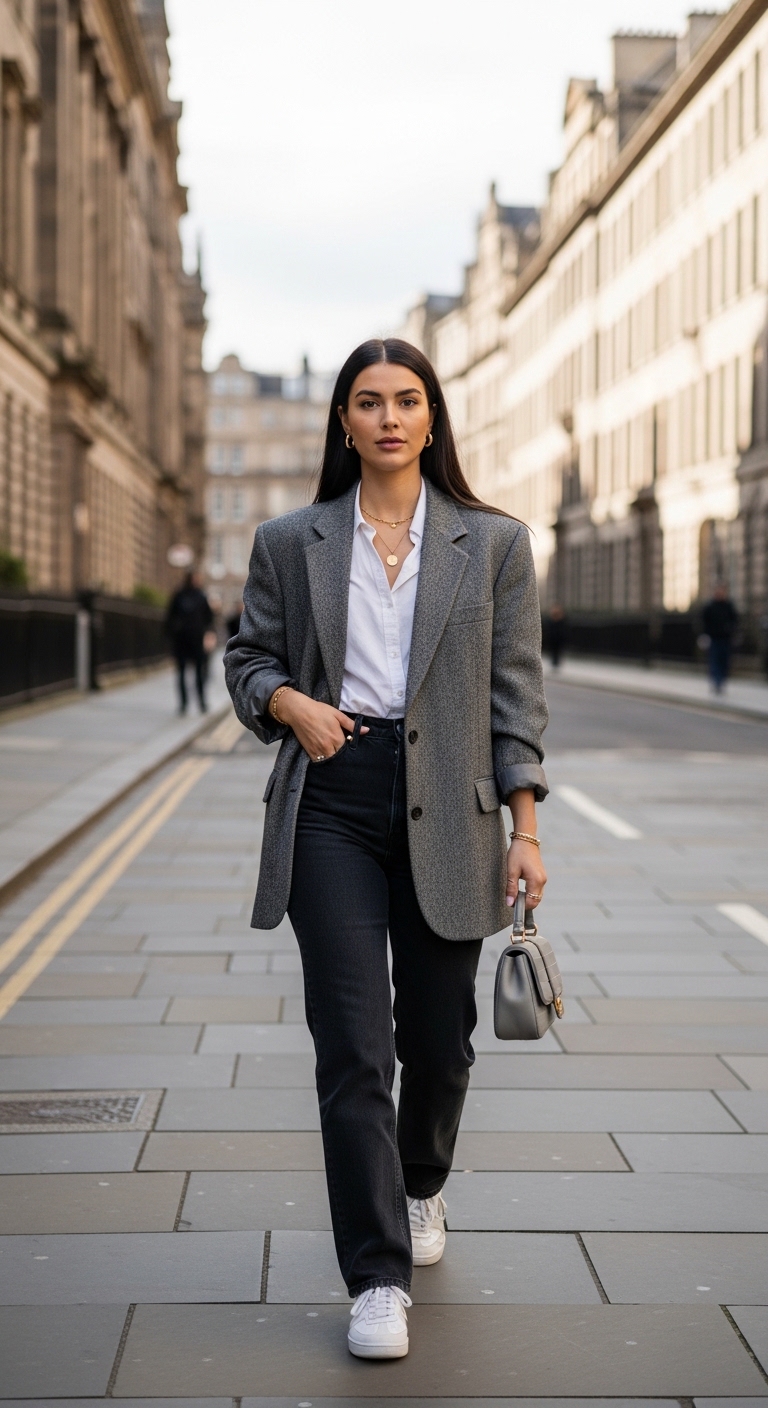 grey herringbone blazer with dark jeans and white shirt