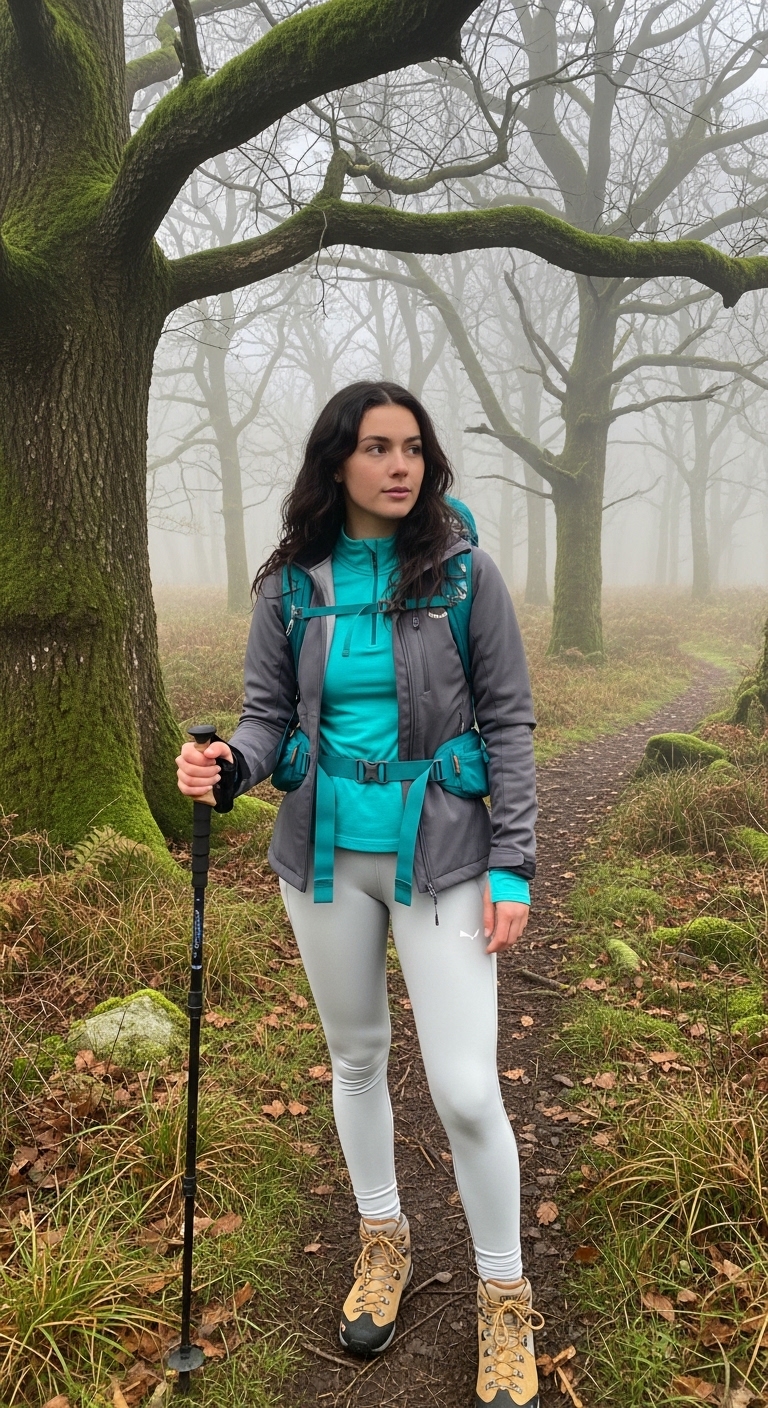 grey trekking leggings with teal base layer and grey softshell