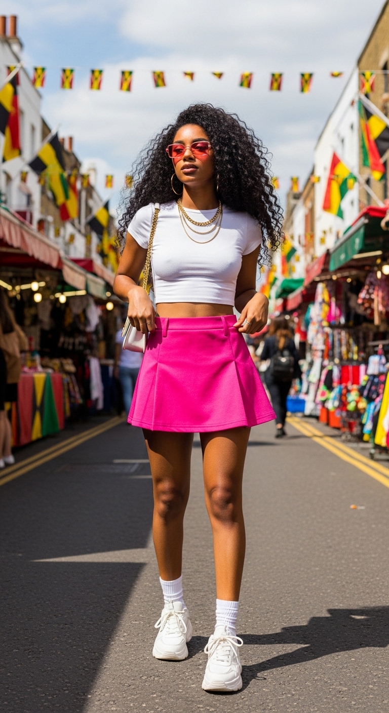hot pink mini skirt with white crop tee