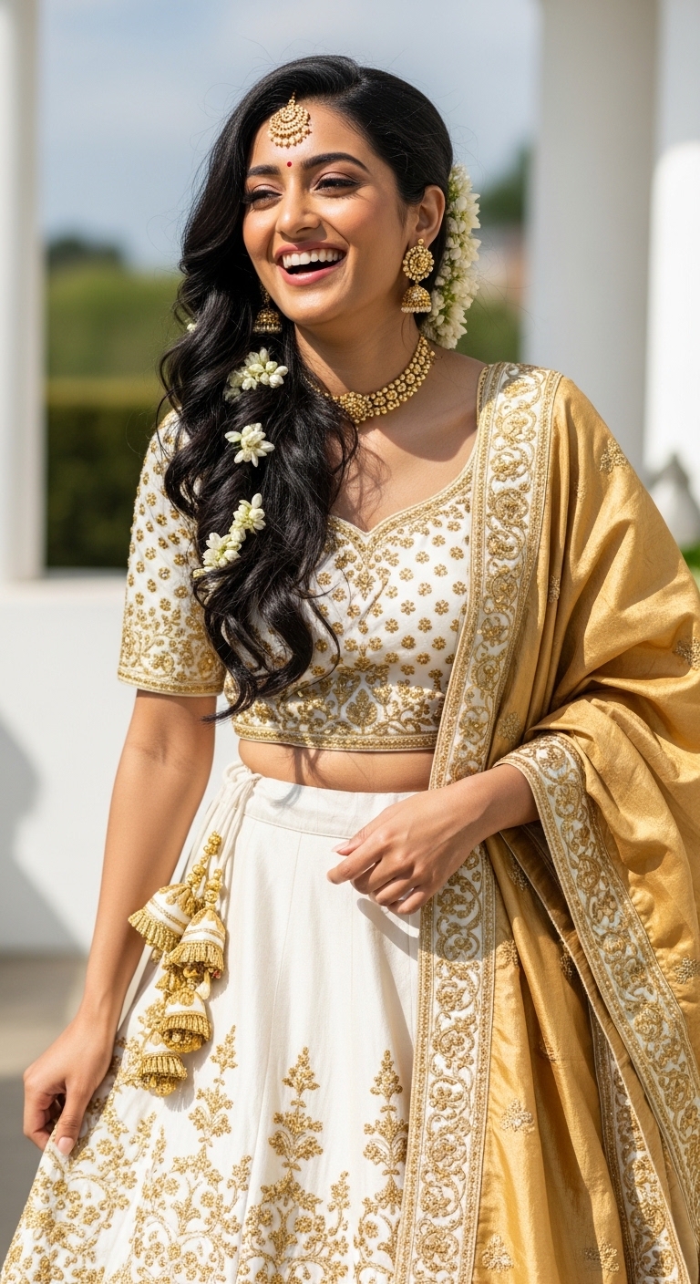 ivory white and gold embroidered lehenga