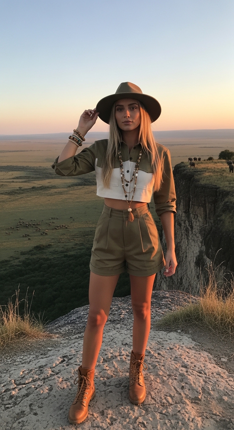 khaki and cream colour block safari co ord