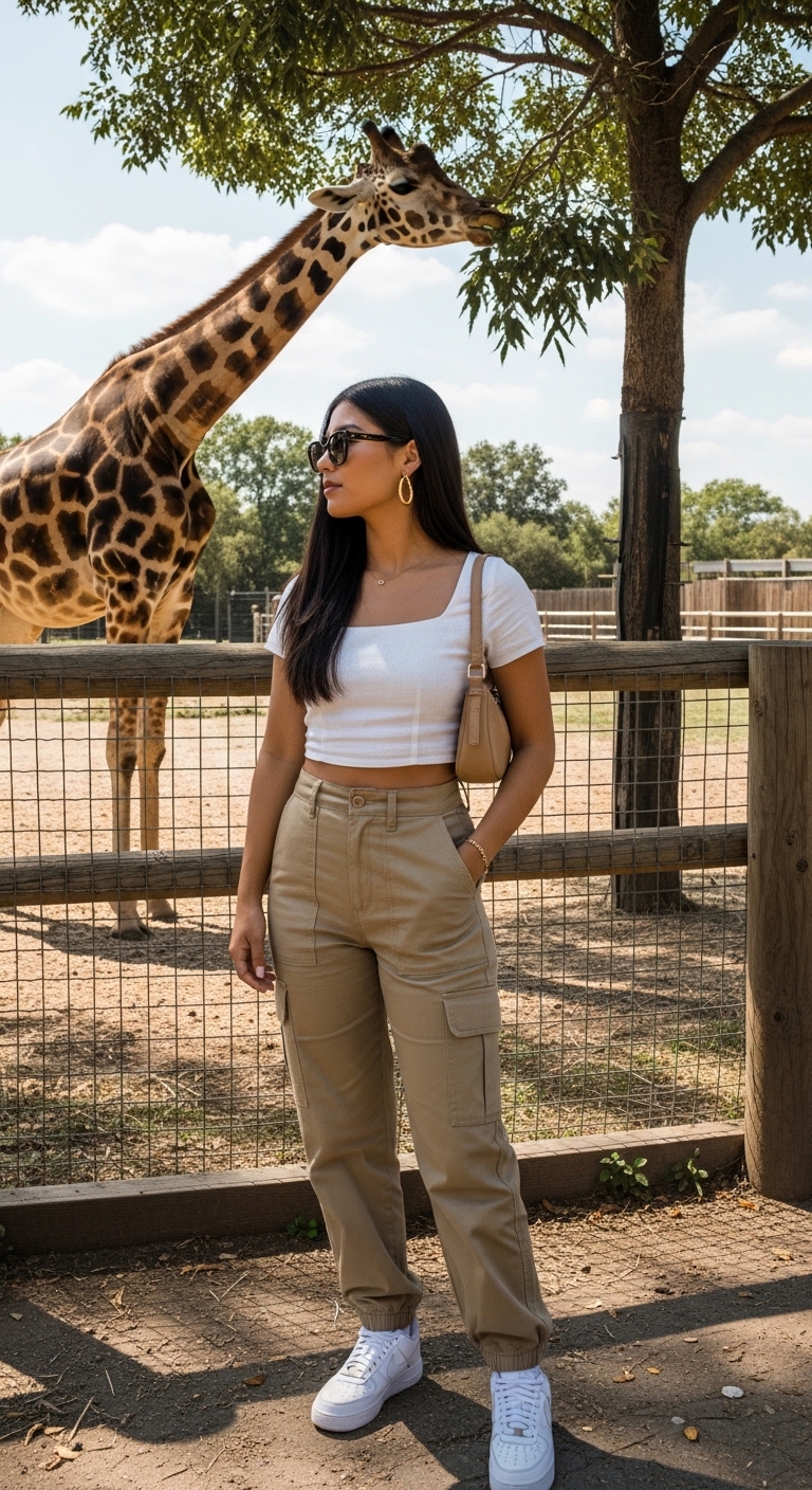 khaki cargo trousers with white linen crop top