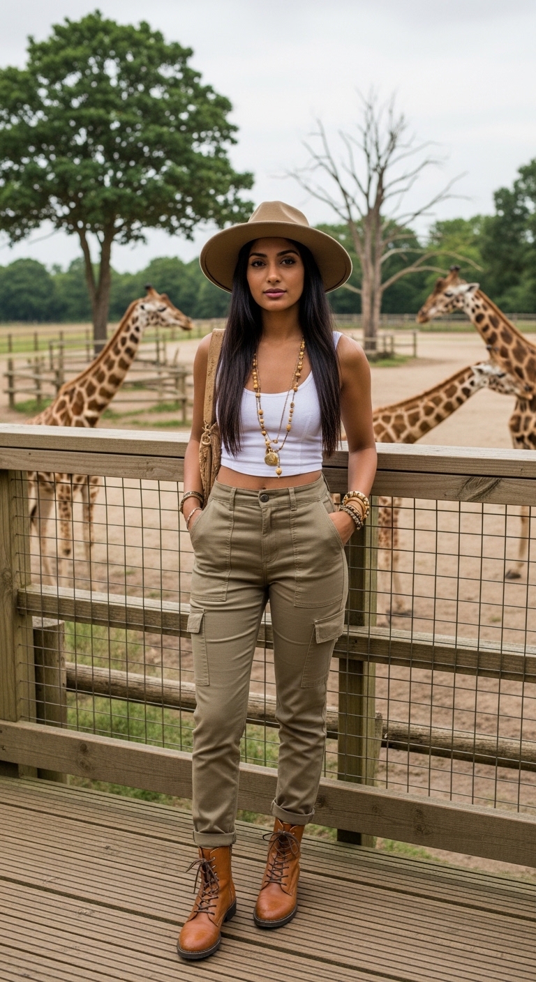 khaki utility cargo trousers with white linen crop top