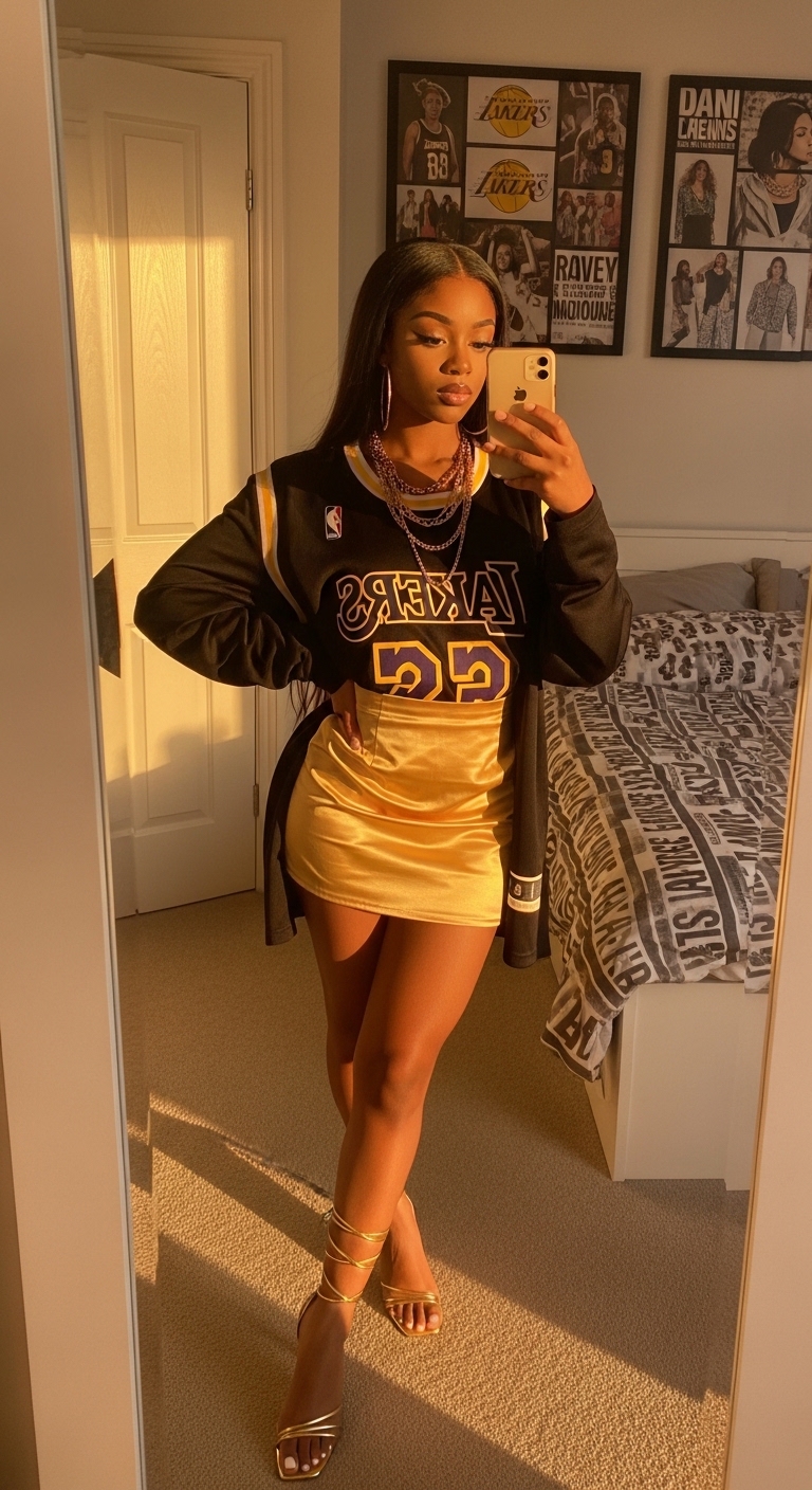 la lakers jersey with gold satin mini skirt and gold heels