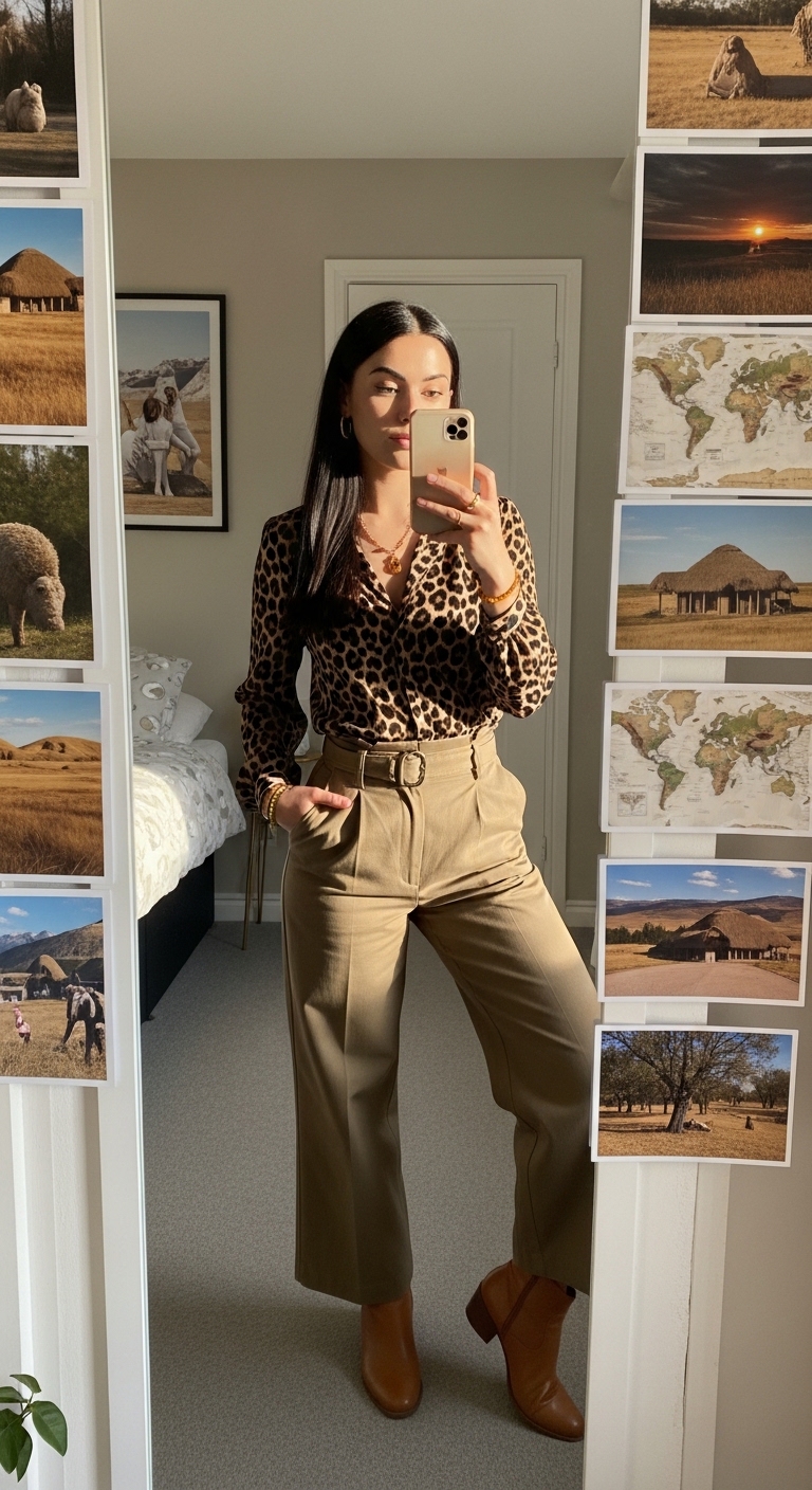 leopard print blouse with khaki wide leg trousers