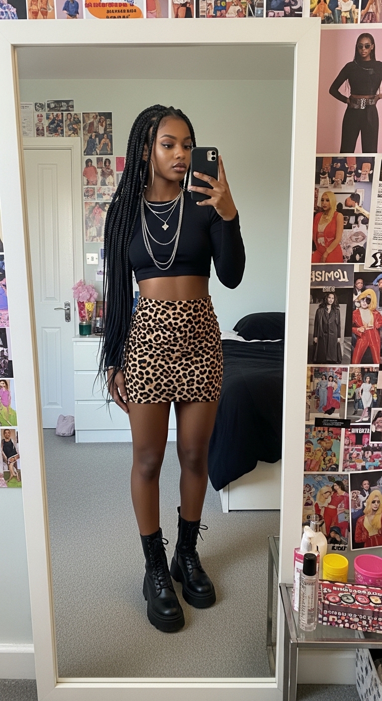 leopard print mini skirt with black crop top and platform boots