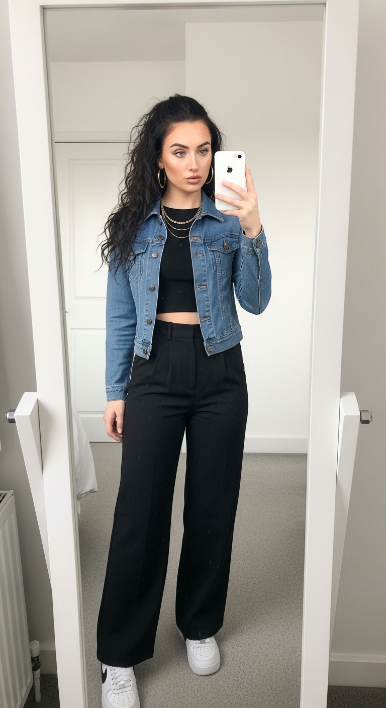 light blue denim jacket over black crop top with wide leg trousers