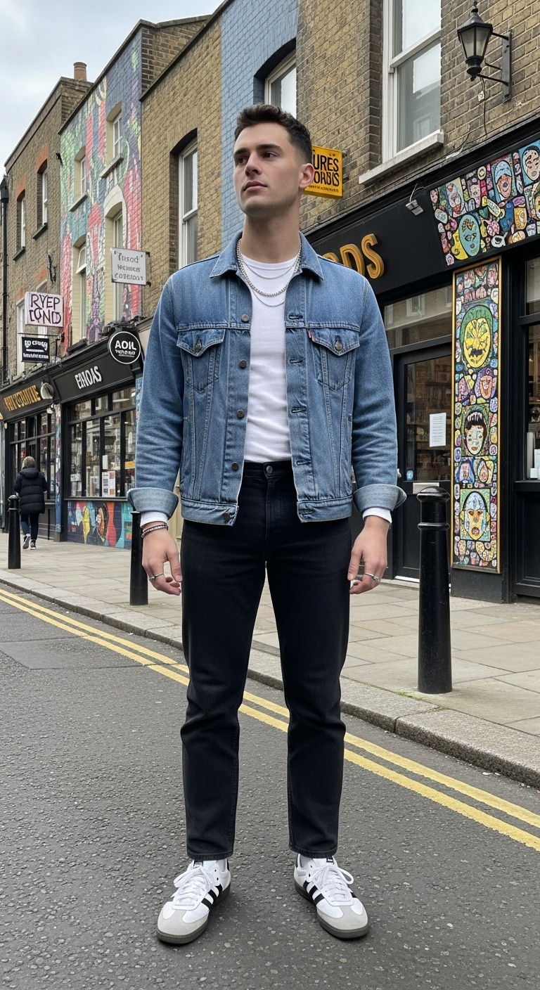 light blue denim jacket over white tee with dark straight leg jeans