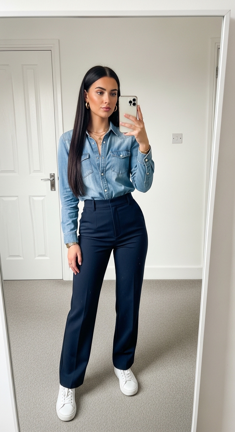 light blue denim shirt half tucked into dark navy trousers