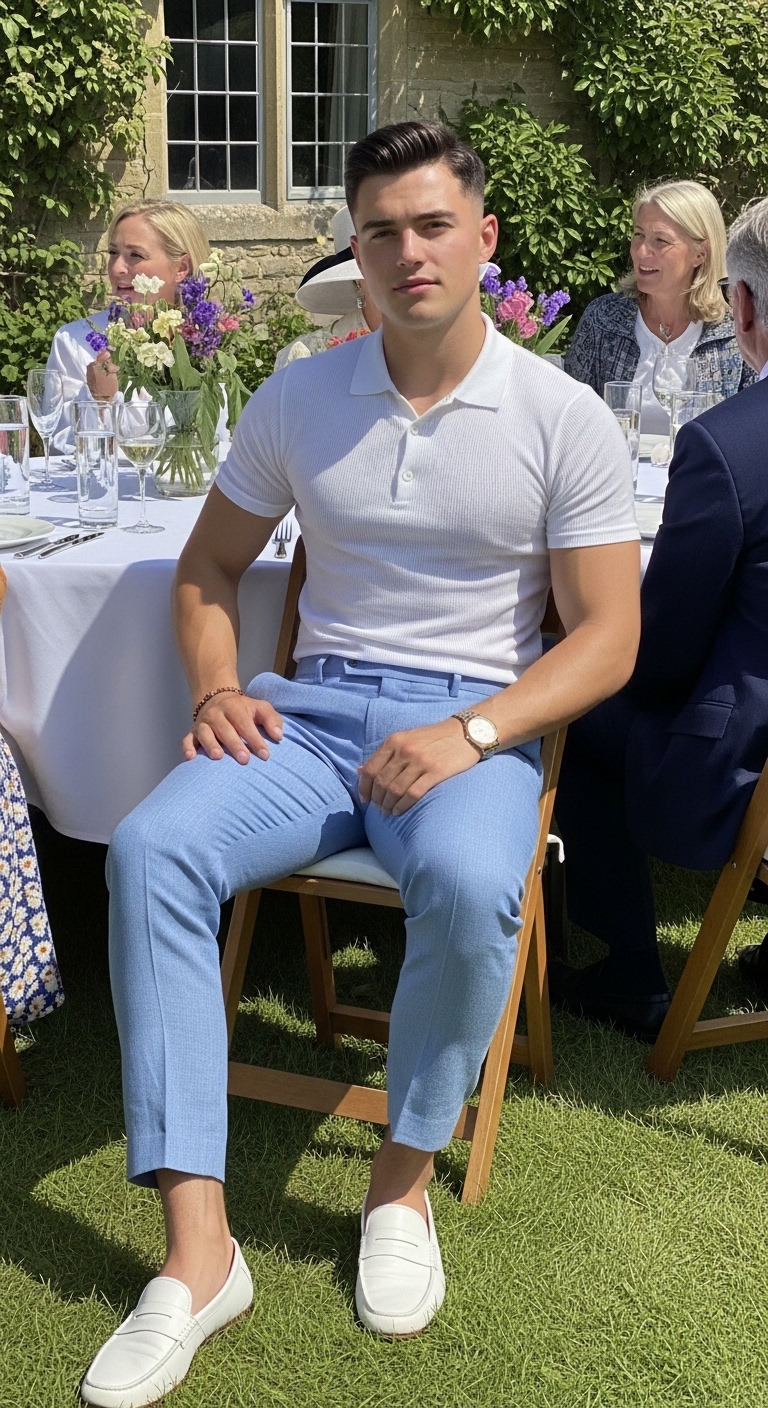 light blue linen trousers with white linen polo shirt