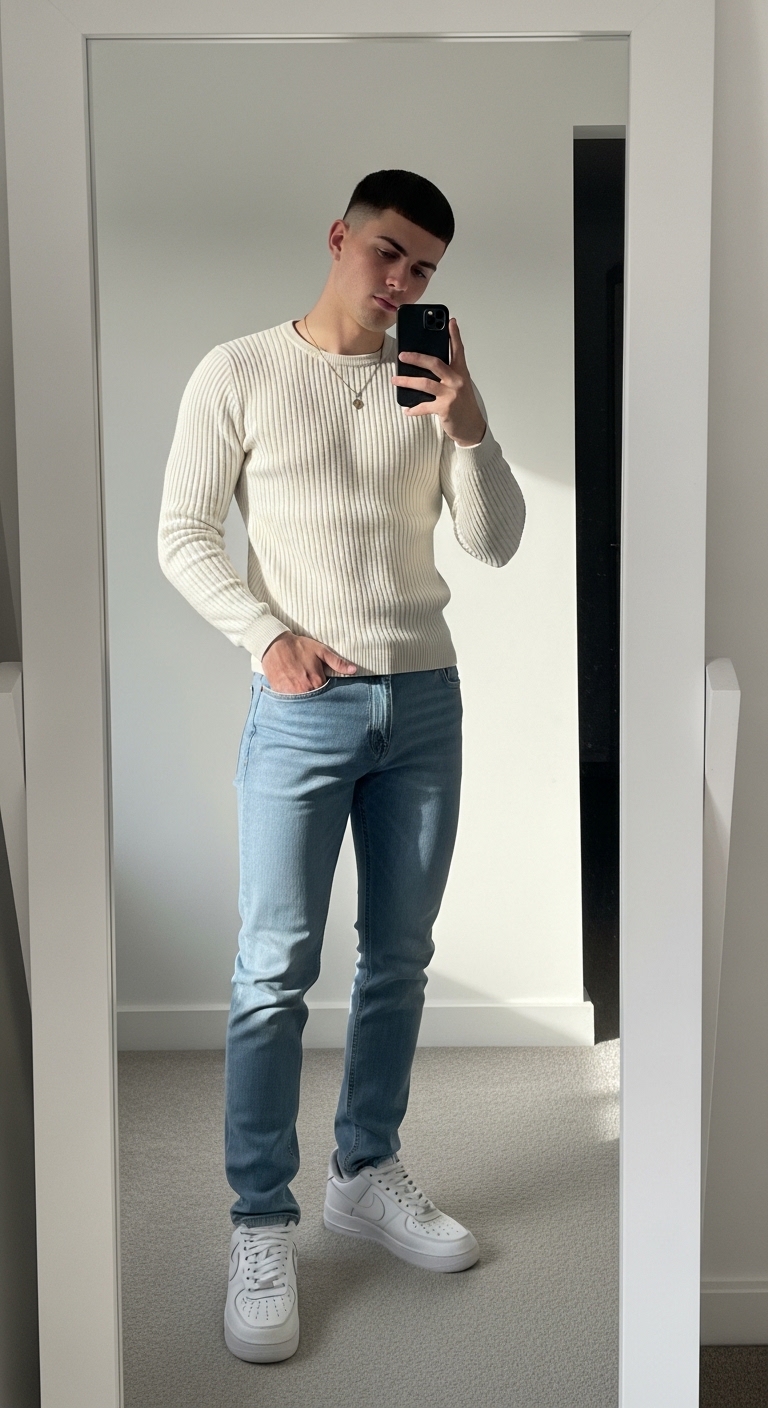 light blue straight leg jeans with cream ribbed knit jumper
