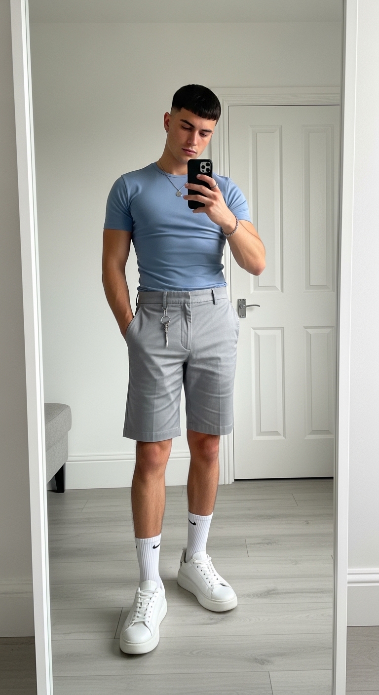 light grey chino shorts with light blue crew neck tee