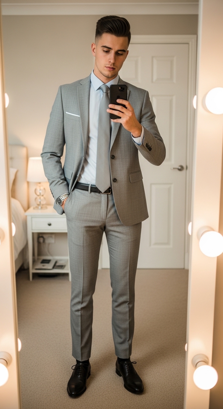 light grey suit pale blue dress shirt grey silk tie