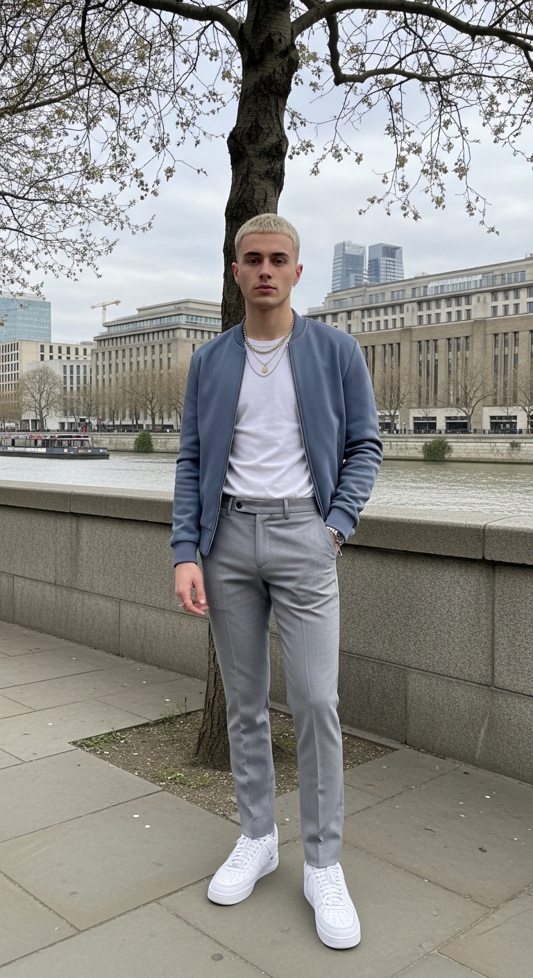 light grey trousers with pastel blue zip up bomber jacket