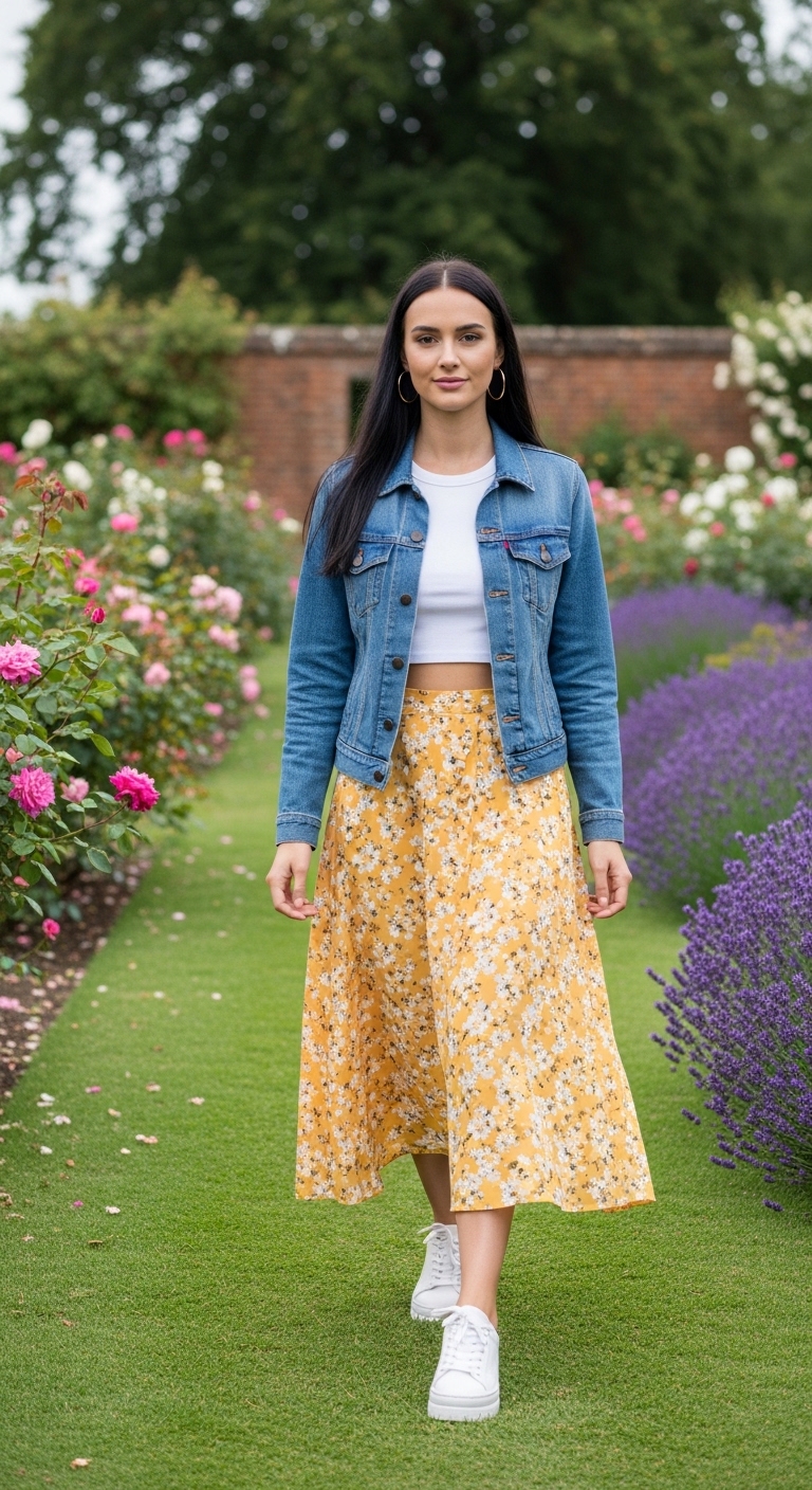 light wash denim jacket over floral midi skirt