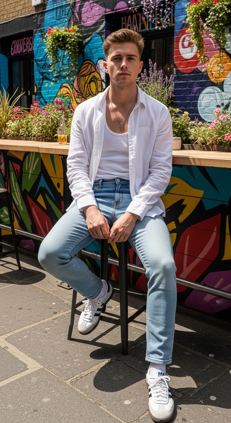 light wash jeans with open white linen shirt over white vest
