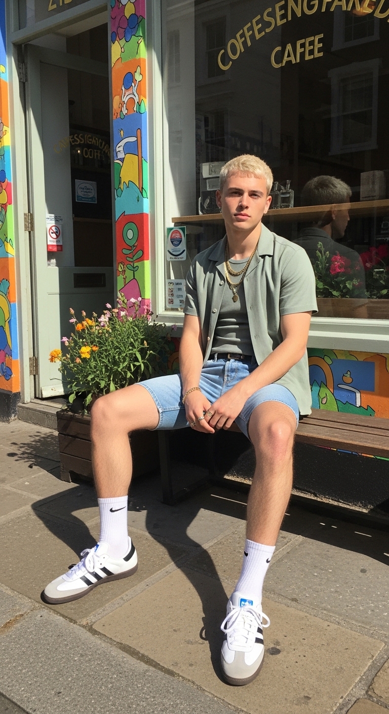 light wash jorts sage green short sleeve shirt