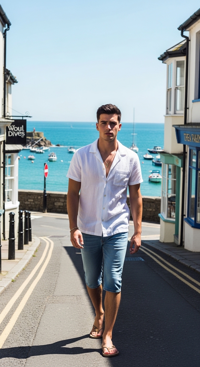 light wash jorts white linen camp collar shirt