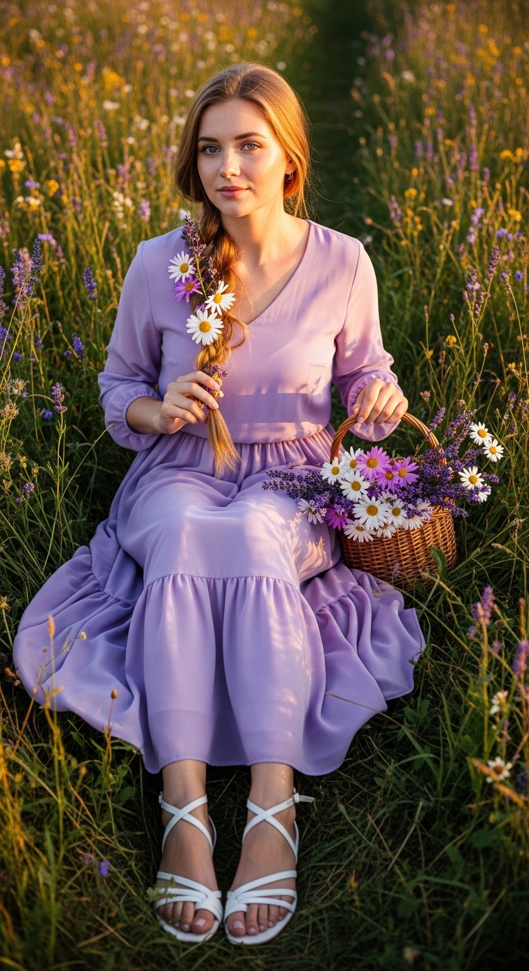 lilac chiffon maxi dress with flower braid