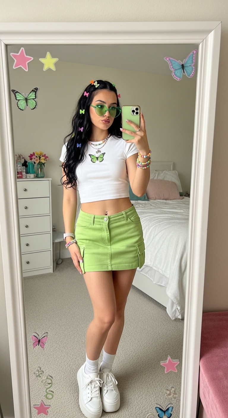 lime green mini skirt with butterfly graphic baby tee