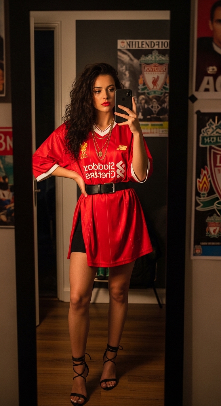 liverpool fc jersey dress with black belt and heeled sandals