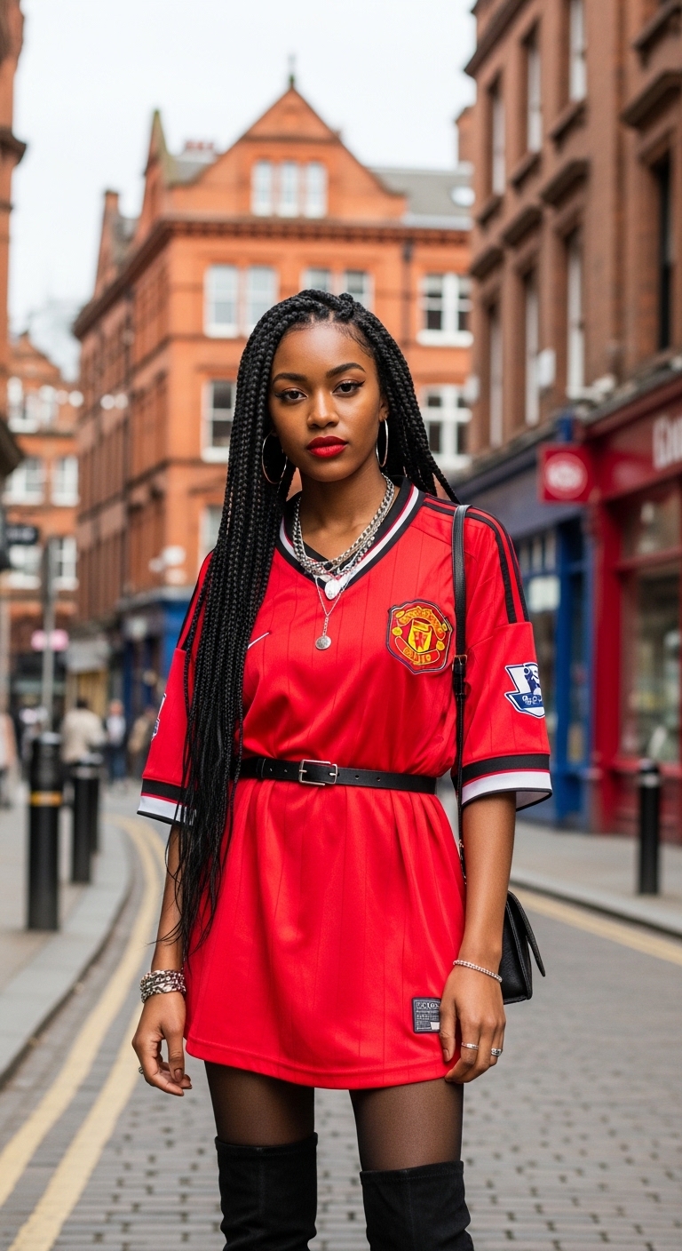 manchester united jersey dress with black tights and knee high boots