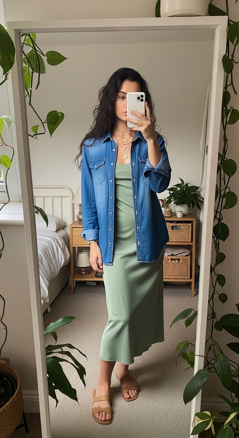 medium wash denim shirt open over sage green midi slip dress