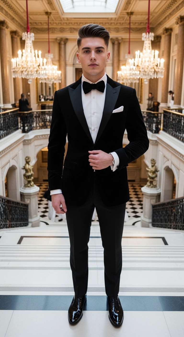 midnight black velvet tuxedo white dress shirt black velvet bow tie