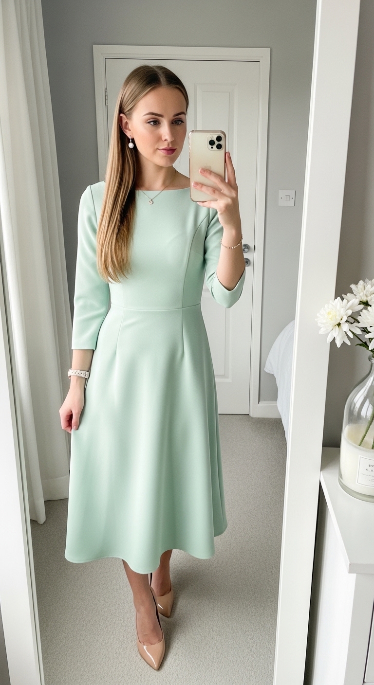 mint green a line boat neck midi dress