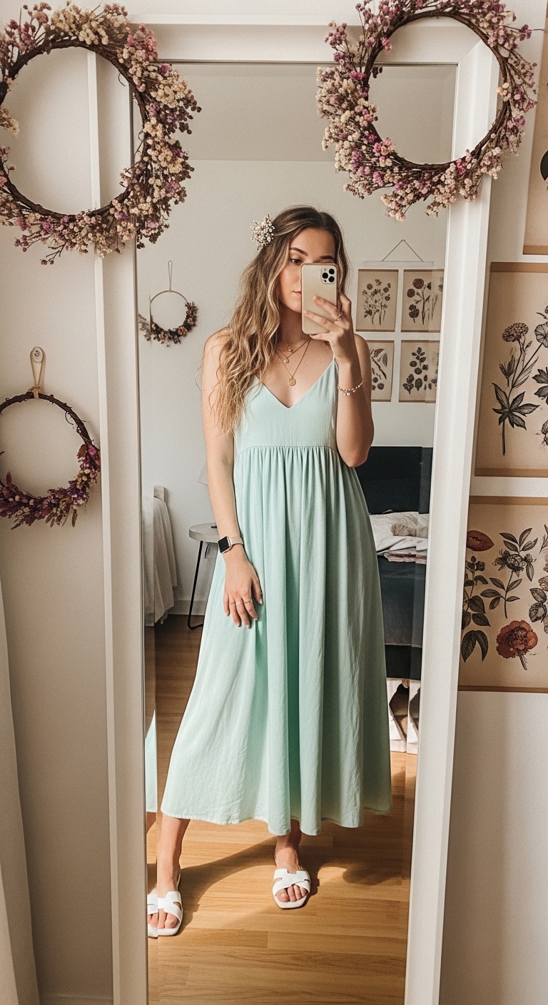mint green flowy midi dress with fresh flowers in hair
