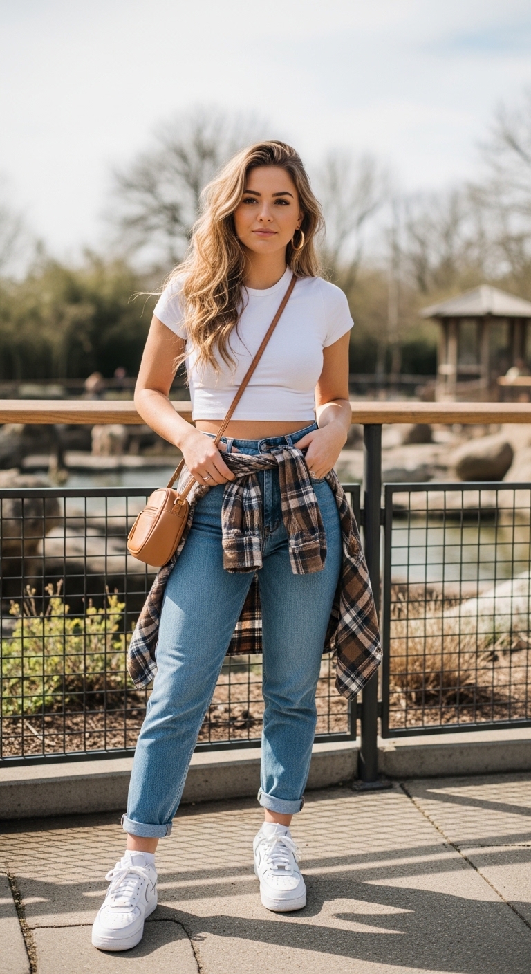mom jeans with white crop tee and tied plaid shirt