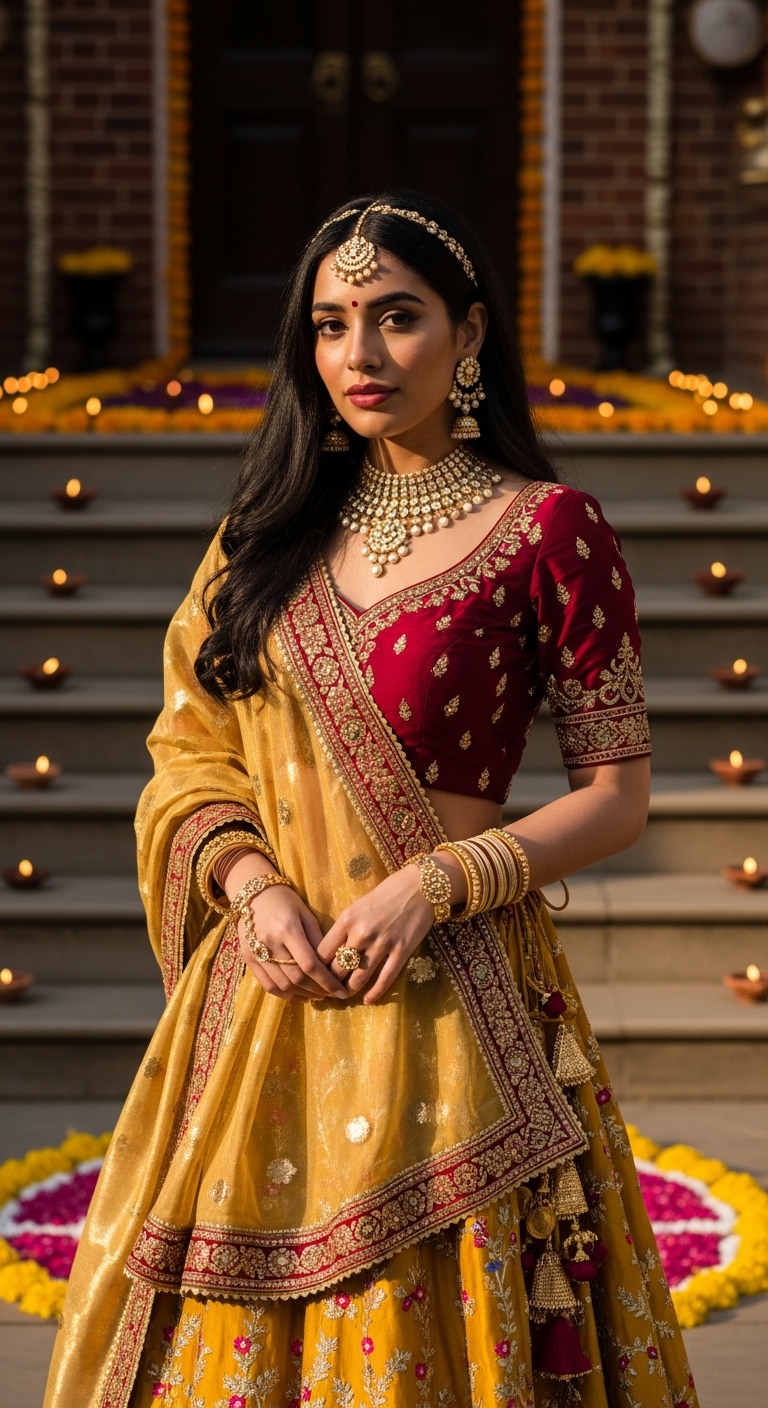 mustard yellow and gold embroidered lehenga