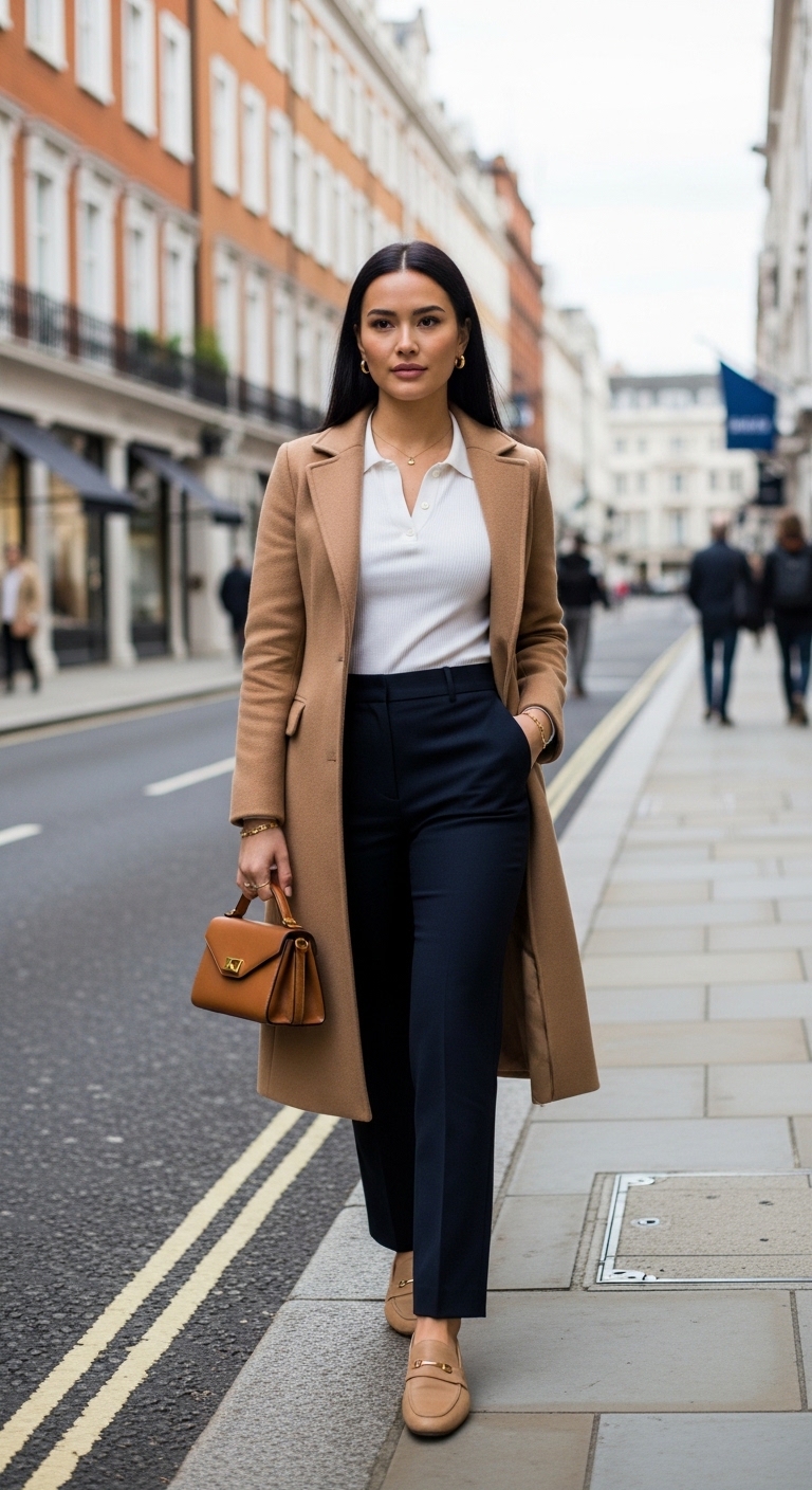navy blazer with gold buttons over white polo and navy trousers