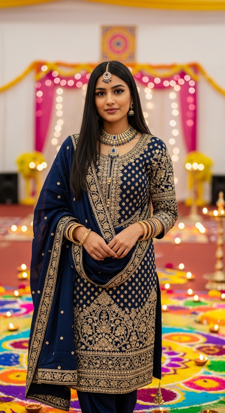 navy blue and gold zardozi embroidered salwar kameez