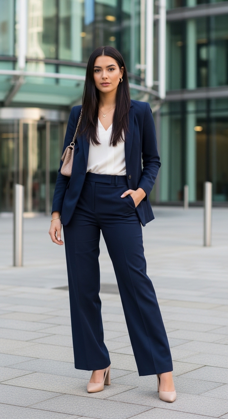 navy blue blazer and wide leg trouser suit