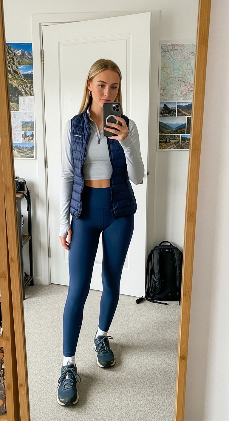 navy hiking leggings with grey base layer and navy gilet