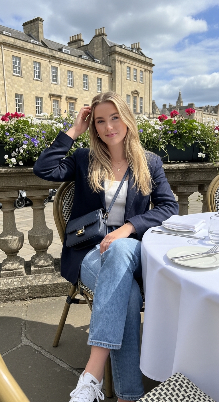 navy linen blazer with light blue jeans and white blouse