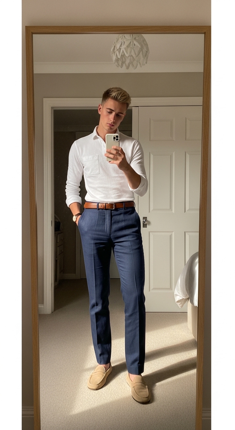 navy linen trousers with white linen shirt tucked in