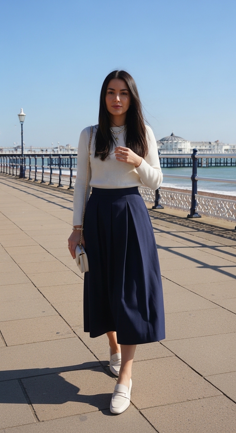 navy pleated midi skirt with cream knit jumper