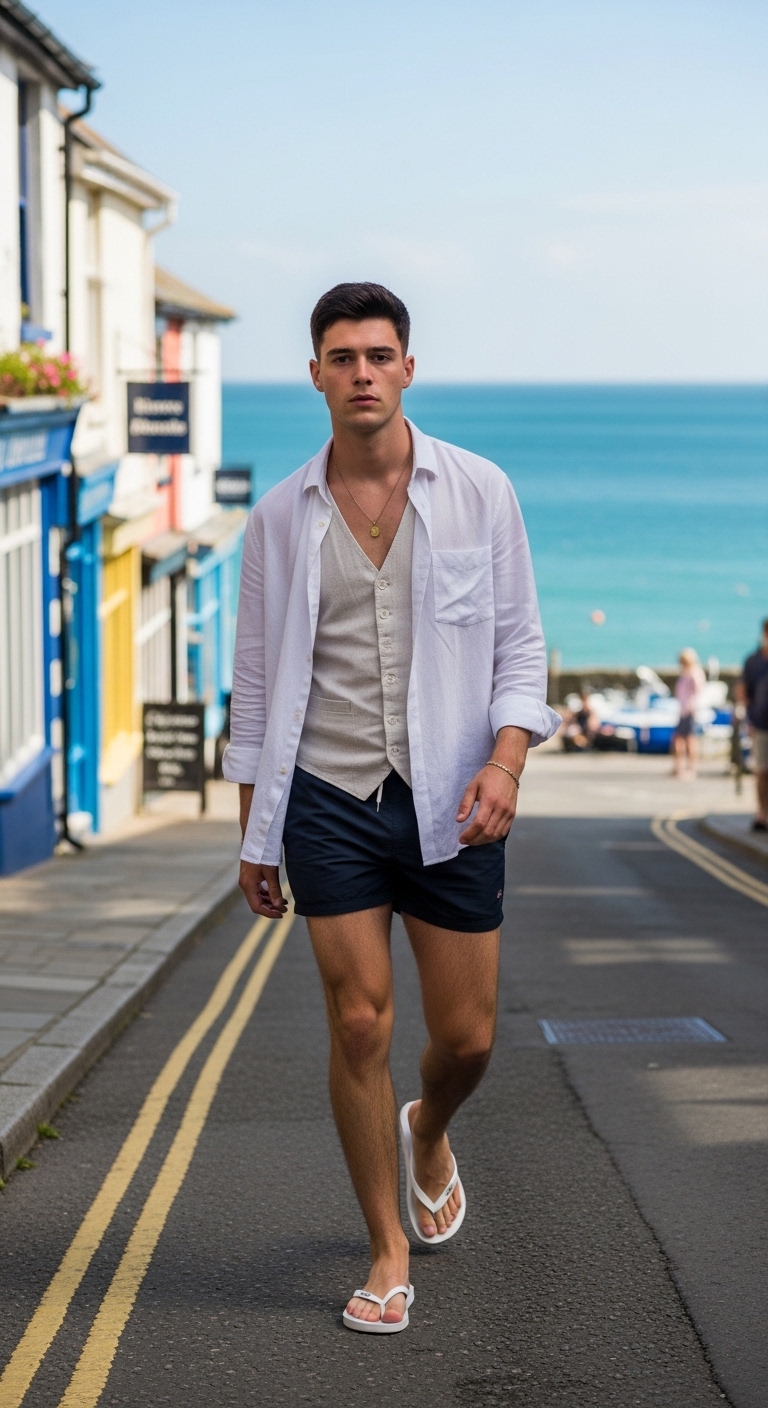 navy swim shorts as streetwear with open white linen shirt