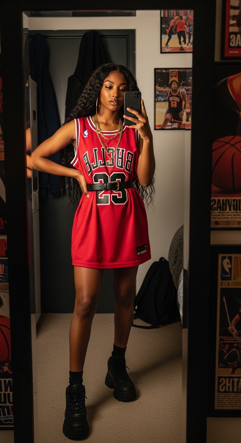 nba bulls jersey dress with black belt and platform trainers