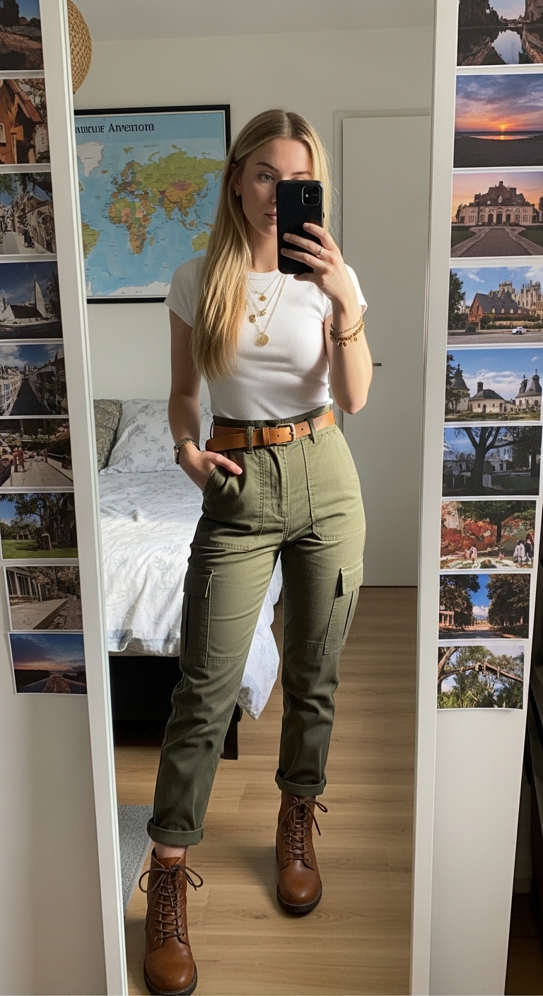 olive green cargo trousers with white tee and tan belt