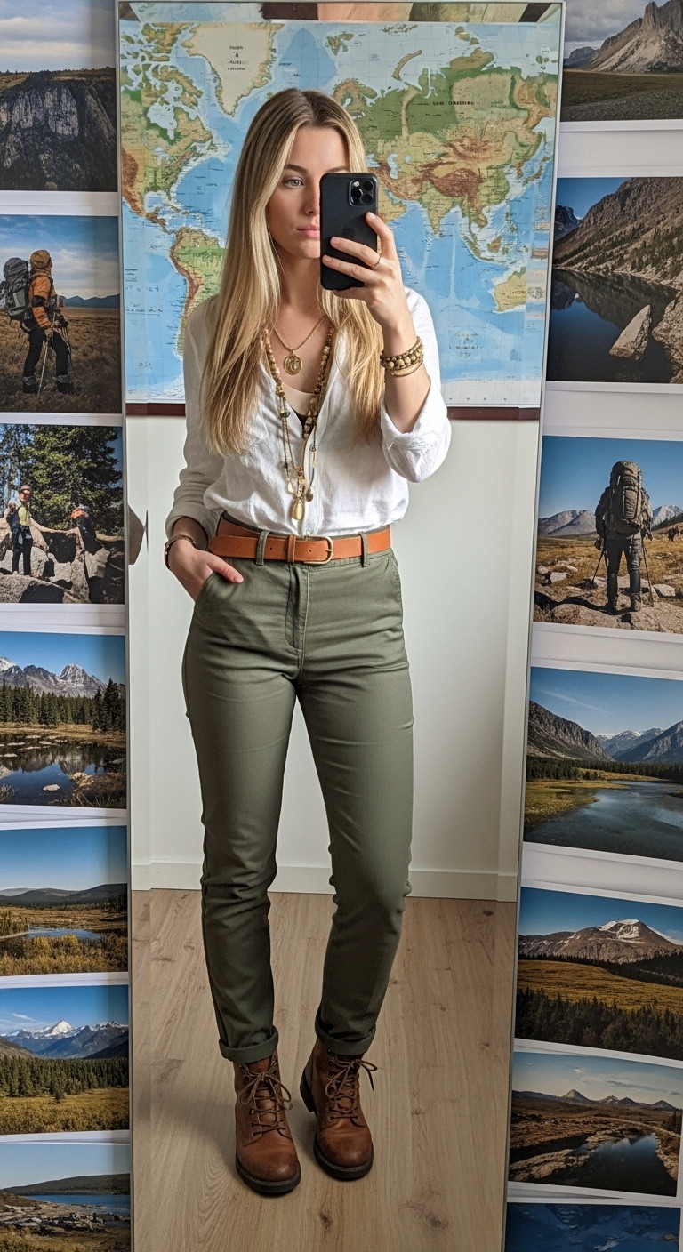 olive green convertible trekking trousers with white linen shirt