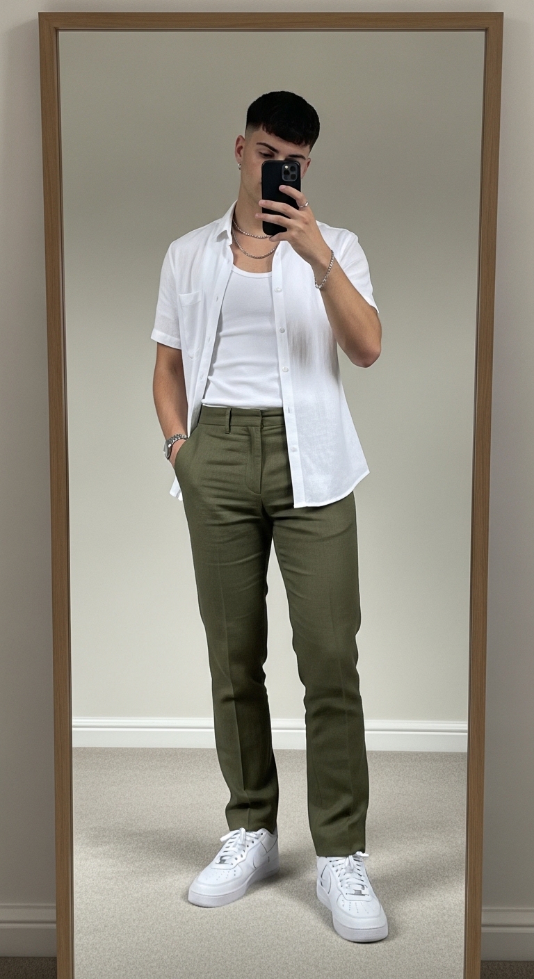 olive green linen trousers with open white linen shirt over white vest