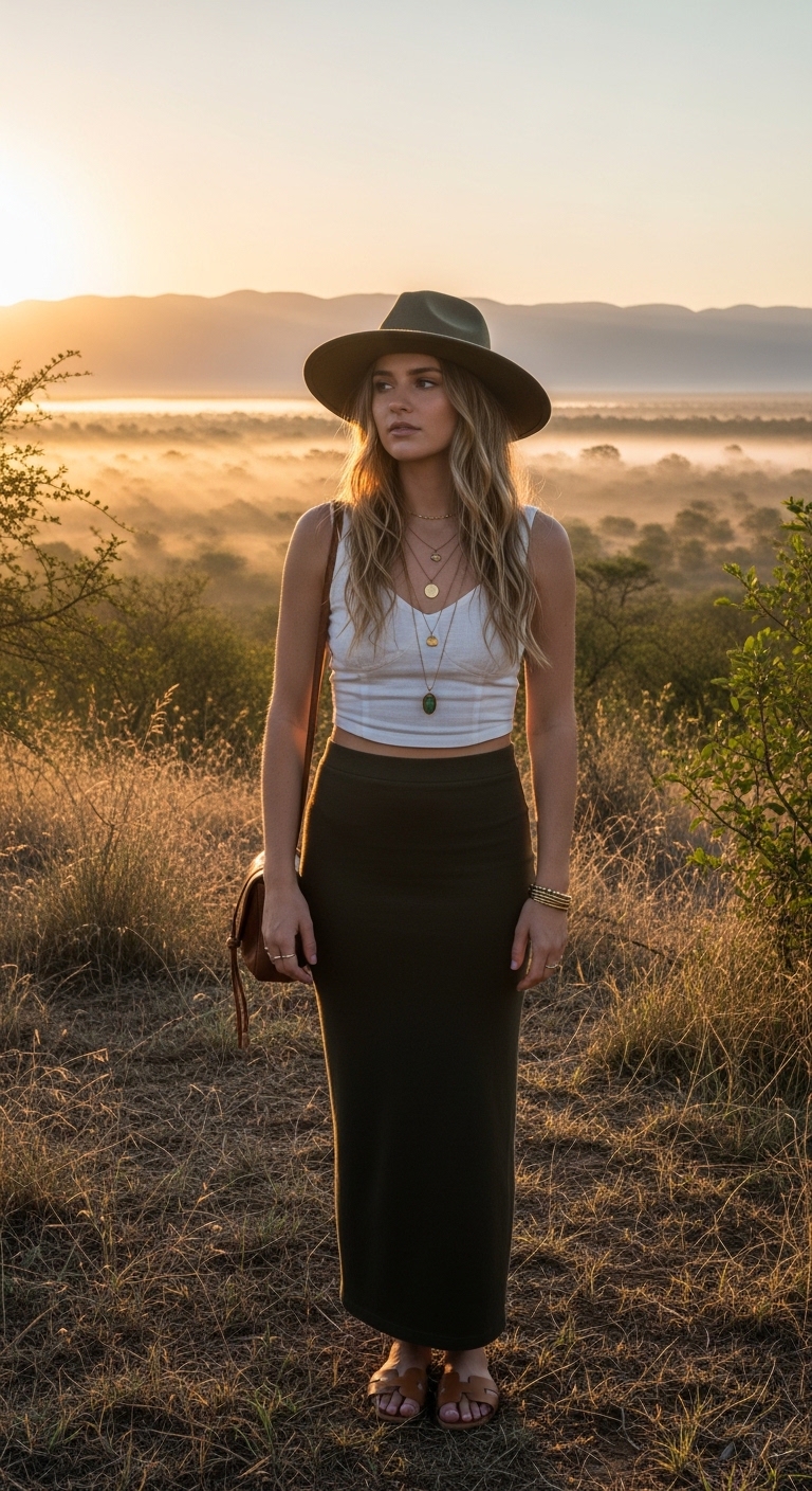 olive green maxi skirt with white linen crop top